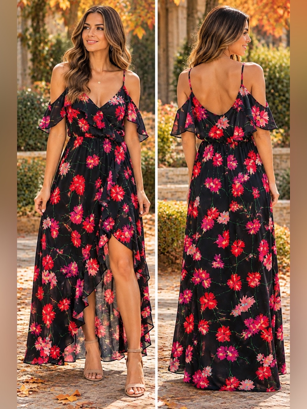 Express Floral Ruffle High-Low Maxi Dress XL Black Pink Red Sleeveless